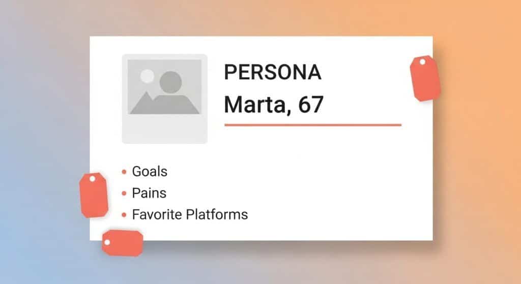 Customer persona card showing goals, pains, and platforms for a retiree audience.
