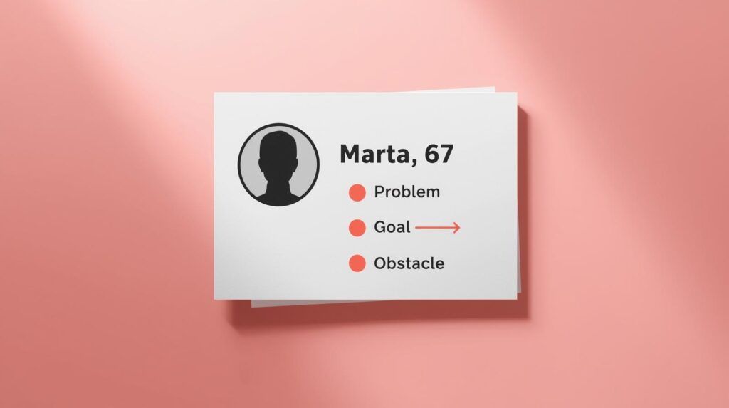 Customer persona card with problem, goal, and obstacle for a retiree reader.