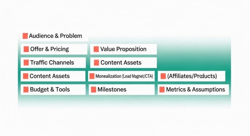 Retiree typing on a laptop with teal-to-emerald gradient and title overlay for an online business plan template.