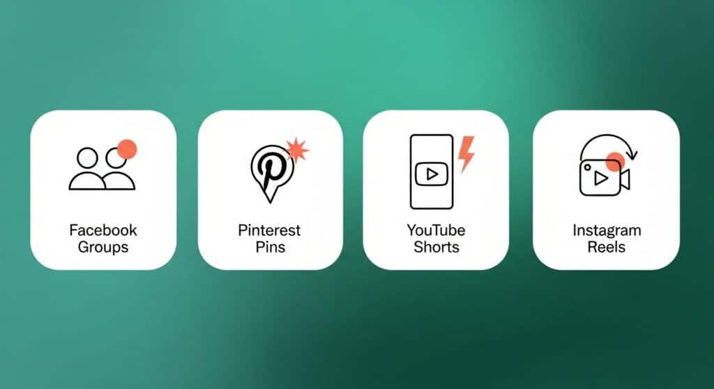 Poster of social platforms options: Facebook Groups, Pinterest, YouTube, Instagram.
