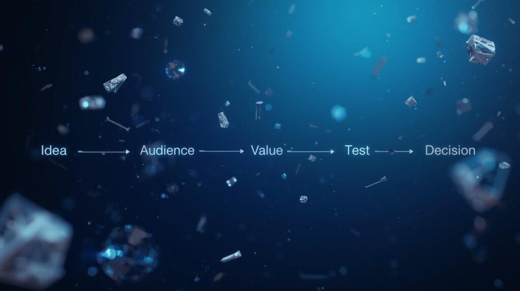 map from idea to tiny test to decision on a blue gradient