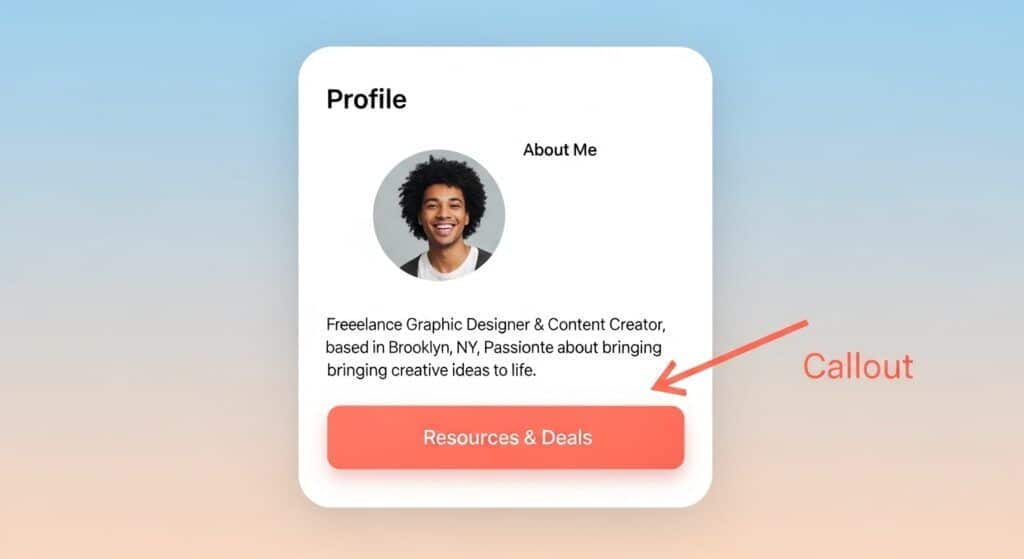 Mobile profile mockup showing a short bio and a single link hub button.