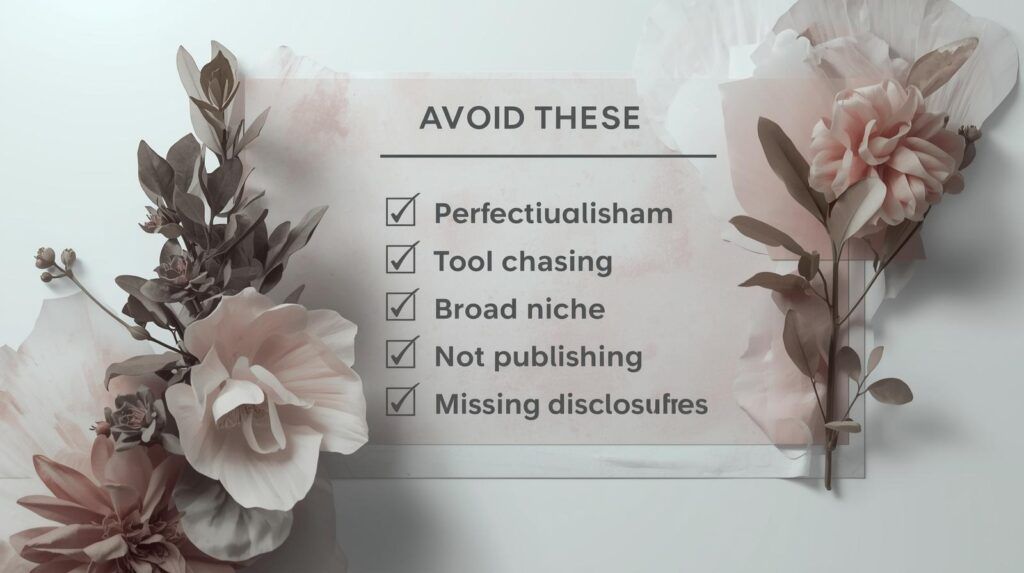 Common mistakes when starting an online business—perfectionism, tool chasing, broad niche, not publishing, missing disclosures
