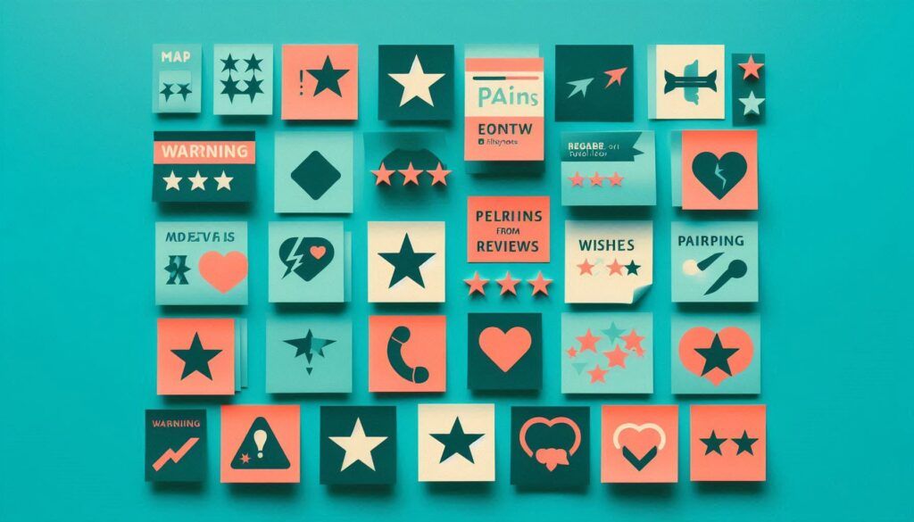 Sticky notes summarizing pains, wishes, and repeated phrases from reviews.