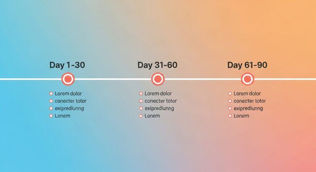 Horizontal 30-60-90 day roadmap timeline for launching an online business.