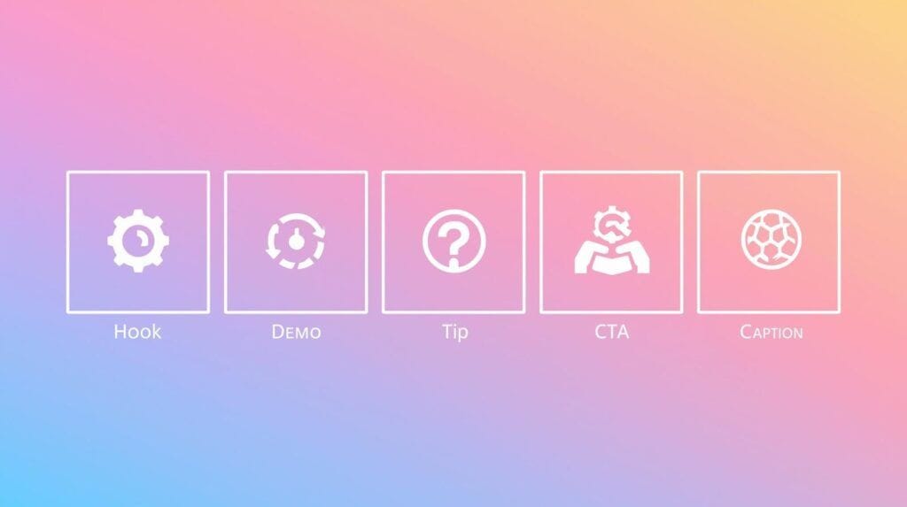 Storyboard for short-form video: hook, demo, tip, CTA, caption.