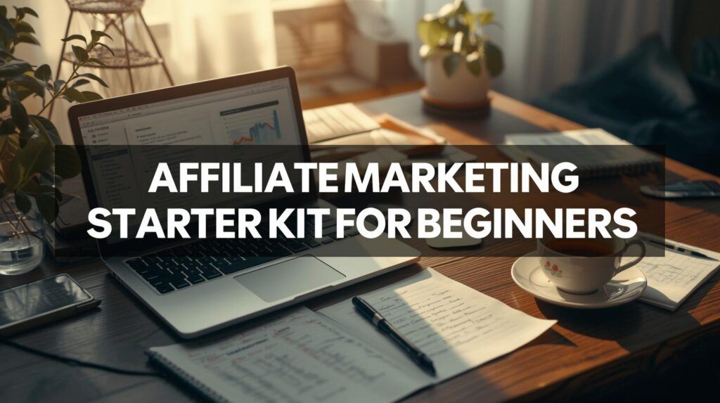 Affiliate marketing starter kit for beginners—laptop and checklists on a tidy desk