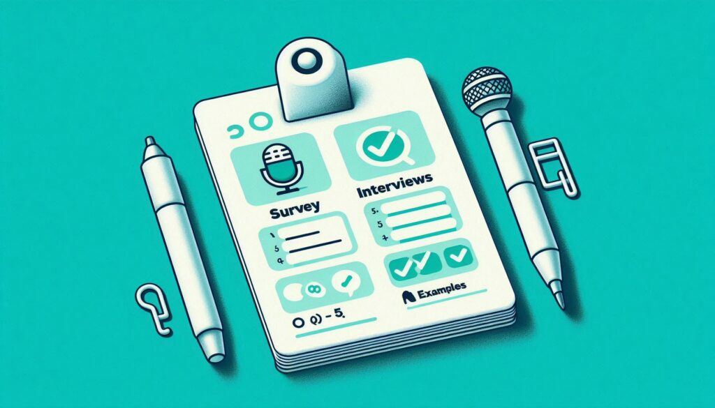 Card showing survey questions and five interview calls as a checklist.