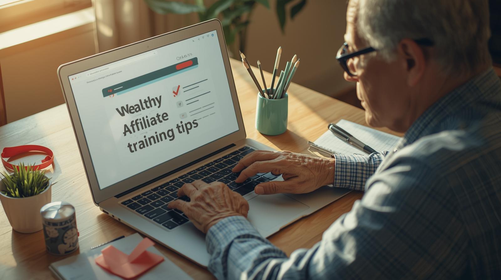 Wealthy Affiliate training tips—retiree following an online training checklist at a laptop