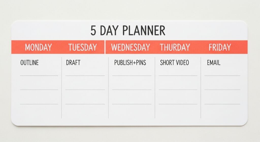 Five-day content routine planner: outline, draft, publish, video, email.
