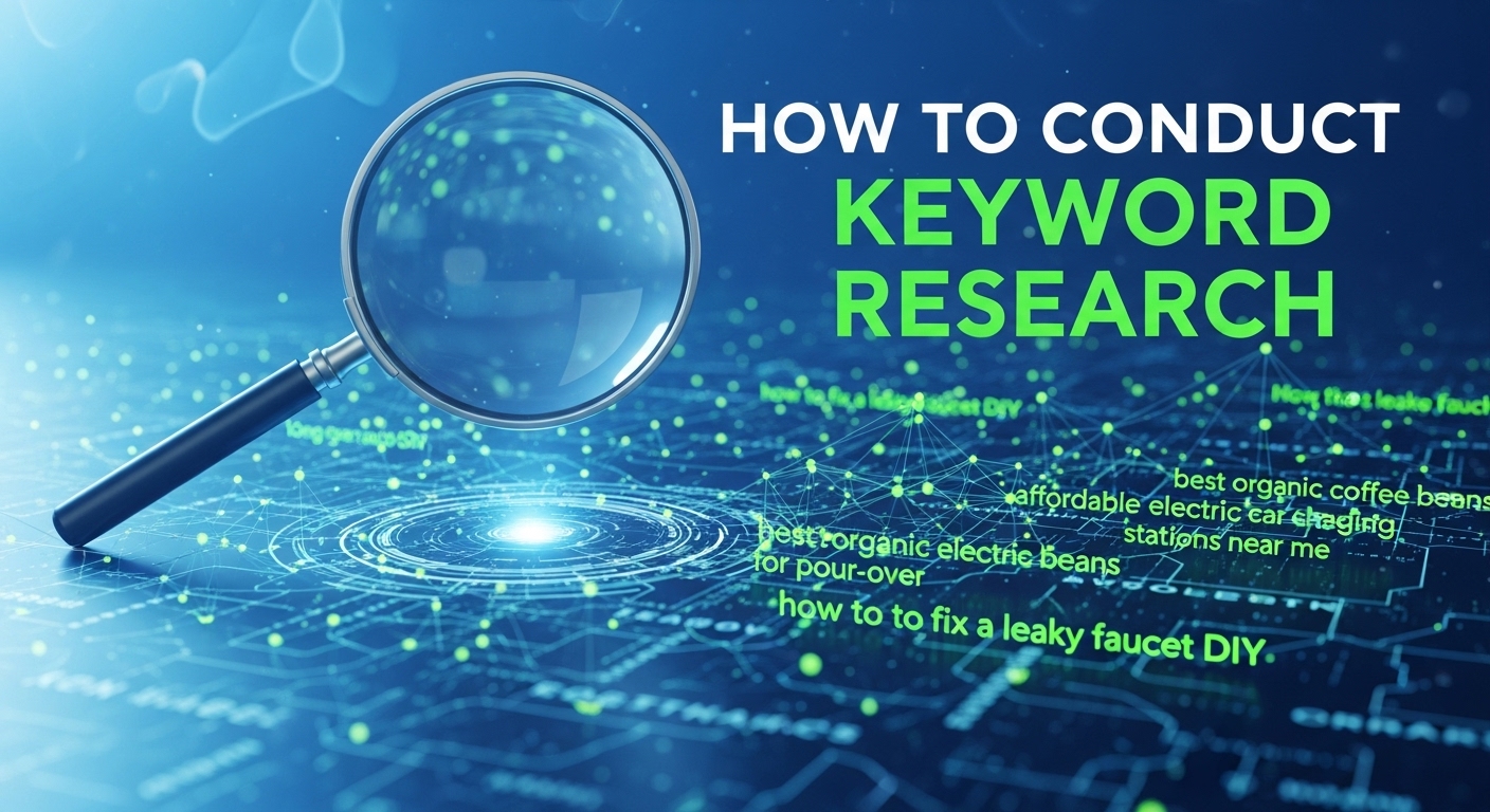 Magnifying glass searching a network of digital keywords, symbolizing the focus of keyword research.