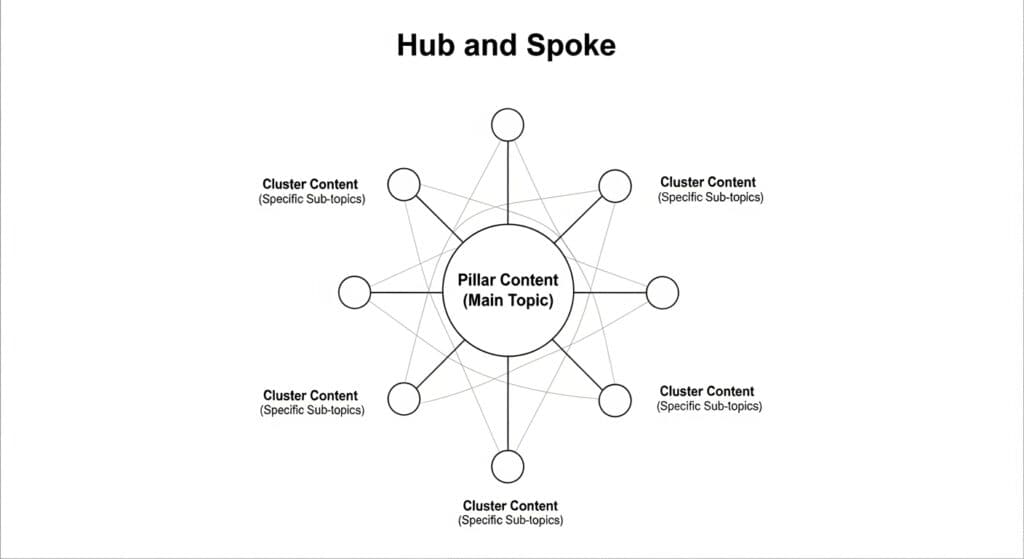 Hub and Spoke Topic Cluster model for SEO authority.