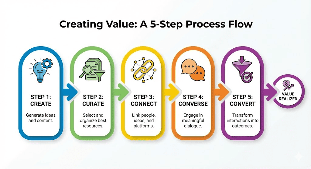 The 5 C's Framework of Content Marketing: Create, Curate, Connect, Converse, Convert.
