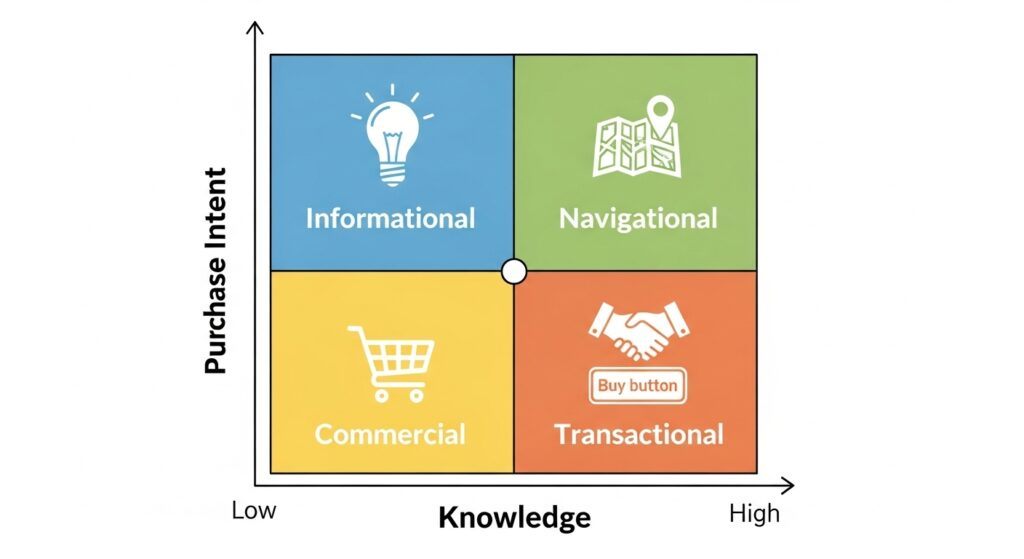 Diagram showing the four types of search intent: Informational, Navigational, Commercial, and Transactional.