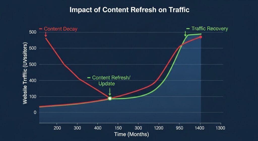 Graph demonstrating the traffic impact of refreshing old content vs content decay.