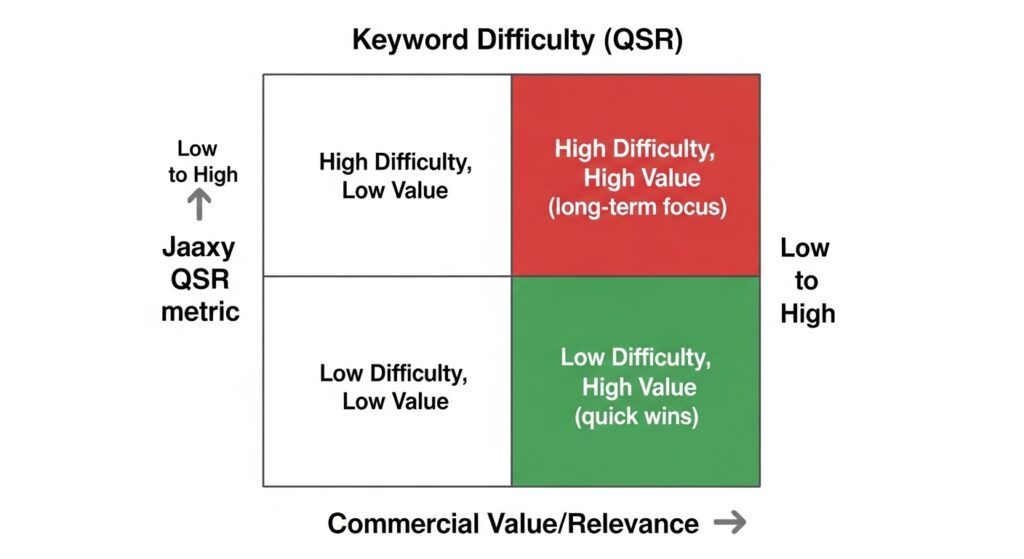 Keyword prioritization matrix sorting opportunities by difficulty and commercial value for strategic content mapping using QSR.