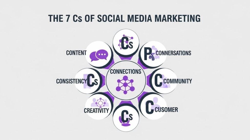 Infographic showing the 7 Cs of social media marketing: content, connections, conversations, community, consistency, creativity, customer care.