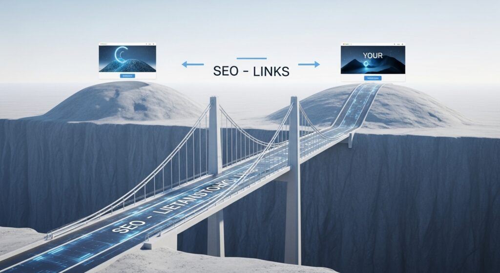 A visual representation of a digital bridge connecting two authoritative websites, symbolizing link building and passing authority.