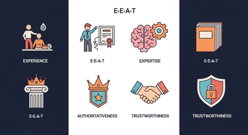 Iconographic chart defining E-E-A-T: Experience, Expertise, Authoritativeness, and Trustworthiness in SEO.