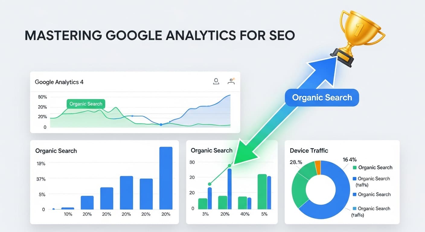 Stylized Google Analytics 4 dashboard highlighting organic search data and performance metrics for SEO success.