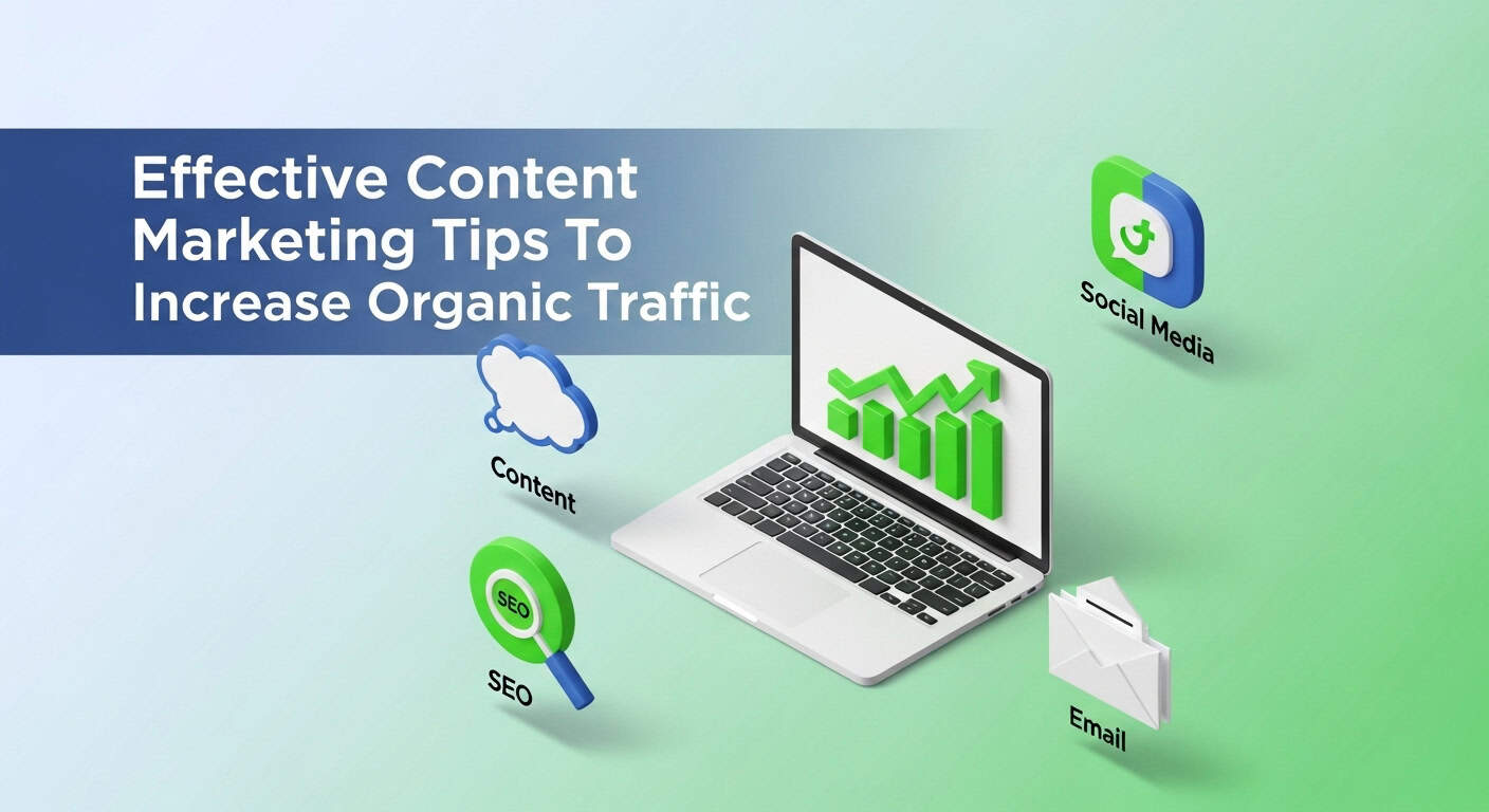 Content Marketing Tips - 3D illustration showing organic traffic growth driven by content marketing channels.