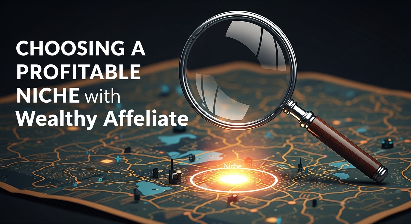 Magnifying glass identifying a specific niche area on a large map. The best way to Choosing a Profitable Niche with Wealthy Affiliate