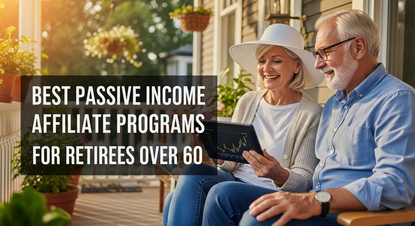Retired couple relaxing on porch, happily viewing passive income chart.