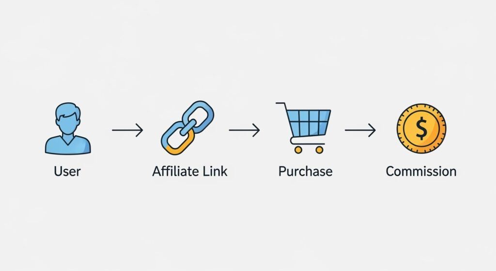Diagram showing affiliate marketing flow: click, purchase, earn commission. Passive Income Affiliate Programs for Retirees
