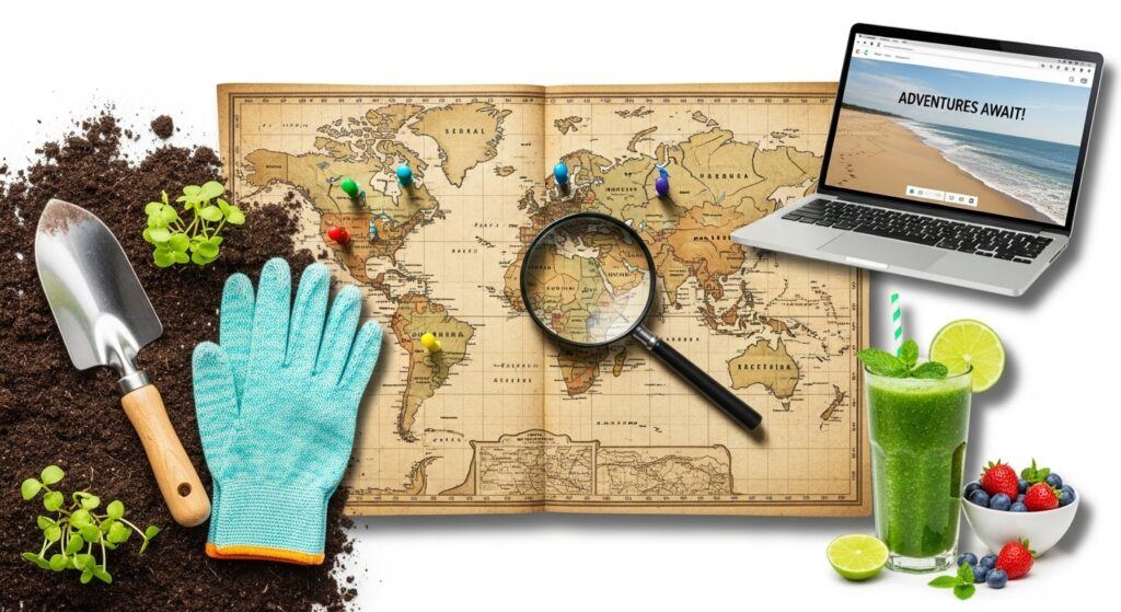 Collage representing popular retiree affiliate niches: travel, gardening, and wellness.