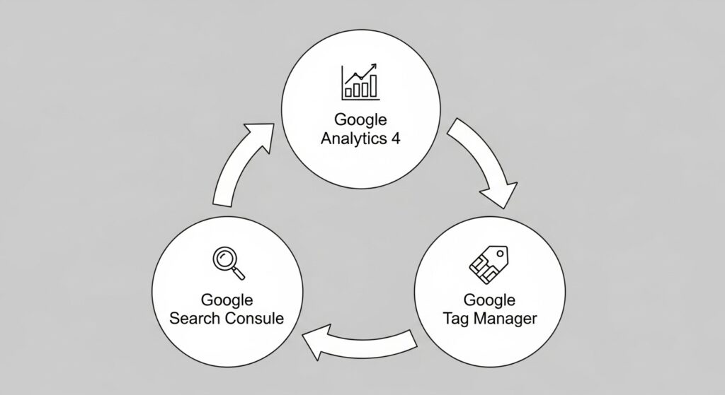 Diagram showing the interconnected Google SEO ecosystem: GA4 measures user behavior, GSC measures search visibility, and GTM manages code.