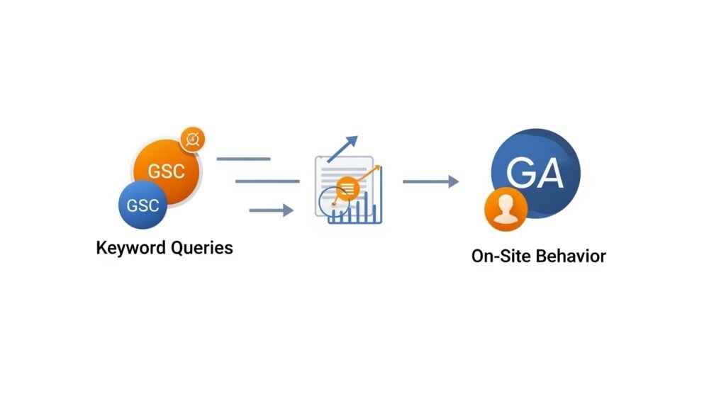 Flowchart showing how linking Google Search Console and Google Analytics 4 merges keyword queries with on-site user behavior data.