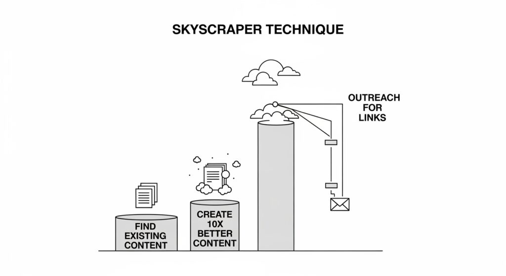 Diagram illustrating the Skyscraper Technique: Find Content > Create 10x Better Content > Outreach for Links.