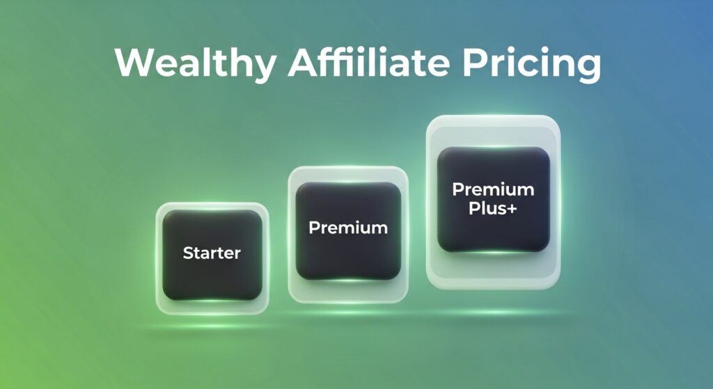 Visual comparison of the three Wealthy Affiliate pricing tiers: Starter, Premium, and Premium Plus+ membership packages.