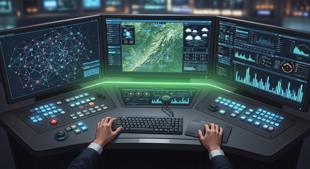 Illustration of an expert's multi-screen control panel, representing the advanced tools and scale of the Premium Plus+ membership.