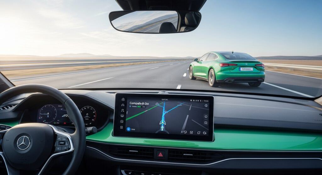 Illustration of a well-equipped car with a GPS showing the route, symbolizing the complete toolkit provided by the Premium membership.