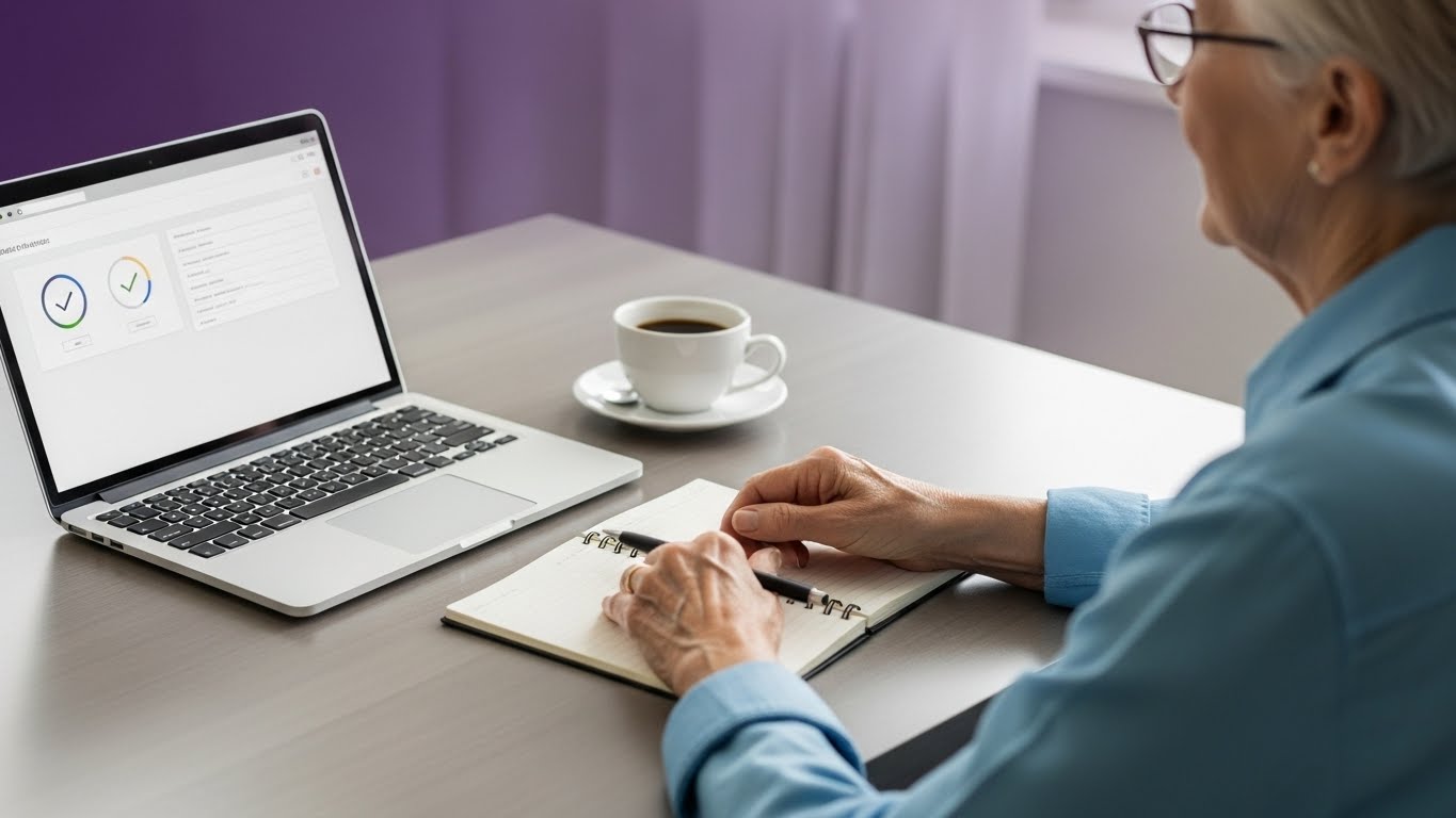 Retiree learning affiliate marketing basics on a laptop at a tidy desk with a notepad and coffee.