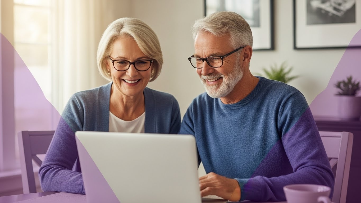 Mature couple smiling while learning online together on a laptop, representing Wealthy Affiliate training for retirees.
