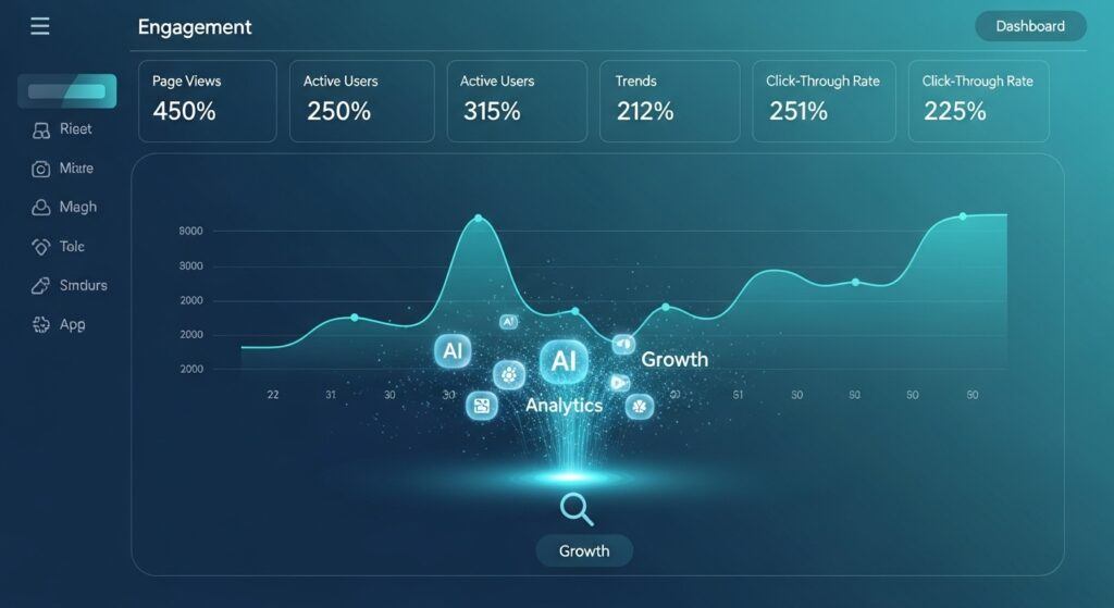 AI-driven analytics identifying rising SEO trends and audience behavior patterns, featuring blue-green digital graphics.
