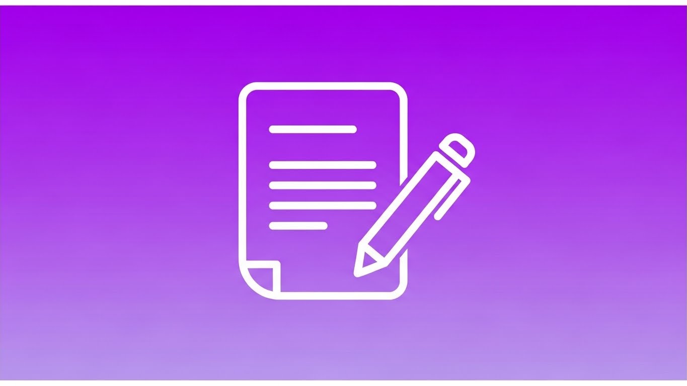 Blog page and pencil icon on a purple gradient background representing content creation and blogging.