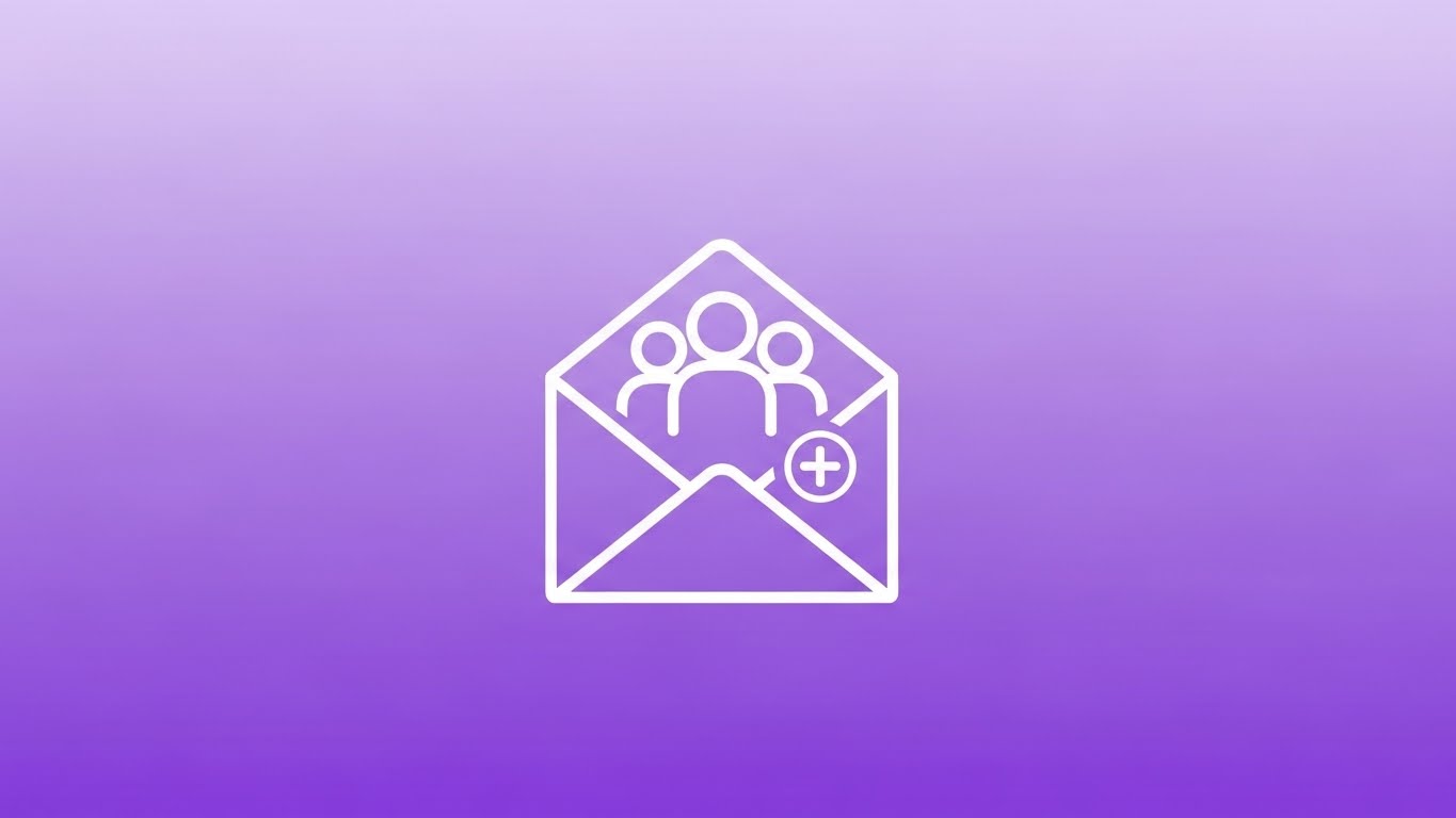 Envelope and subscriber icons on a purple gradient background representing email and list building.
