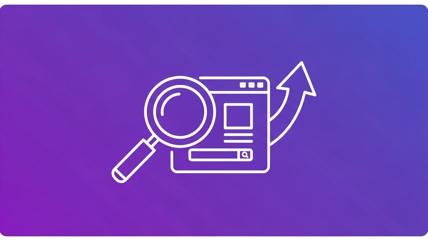 Magnifying glass and upward arrow icon on a purple gradient background representing SEO and traffic strategies.