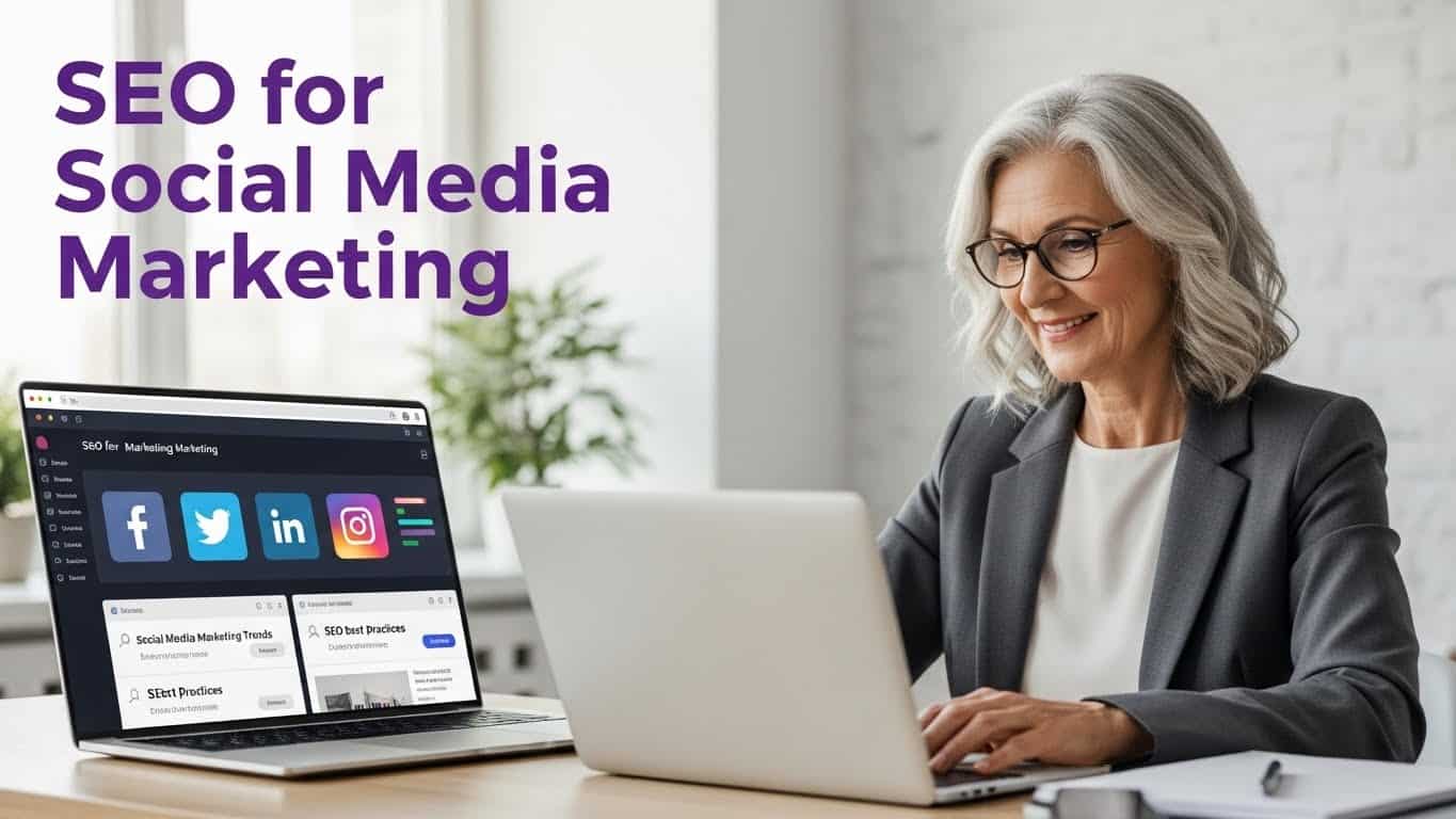 Marketer planning SEO for social media marketing on a laptop with social icons and search results on screen.