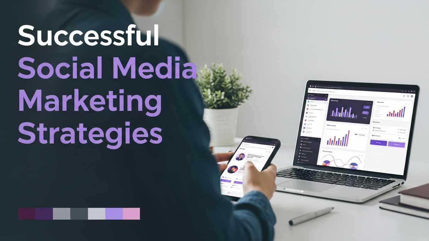 Business owner managing successful social media marketing strategies on a laptop and smartphone.