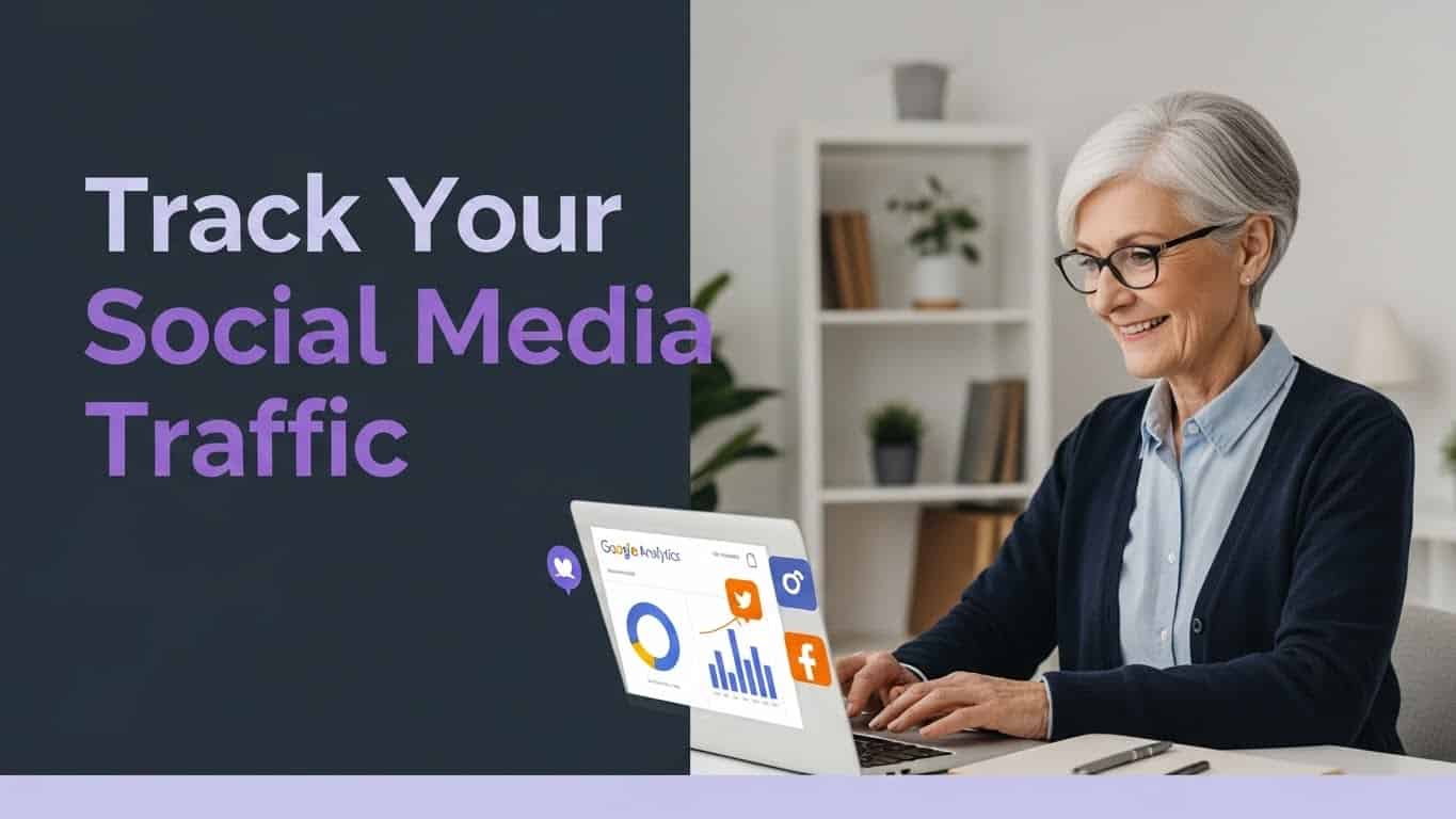 Marketer analyzing social media traffic in Google Analytics for social media traffic, on a laptop, with charts and social icons visible on screen.