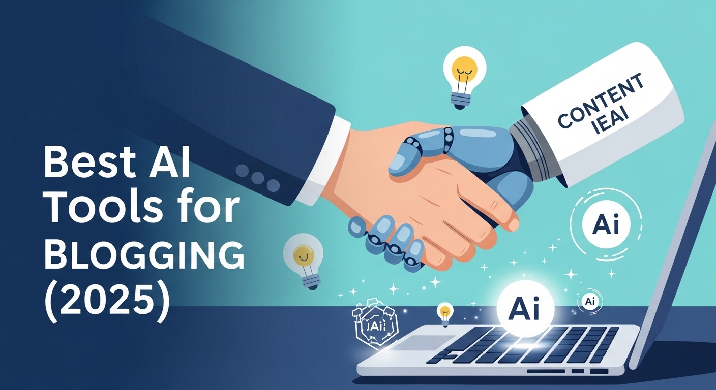 Human and AI hands collaborating on a laptop, symbolizing the integration of artificial intelligence in blogging workflows, with ai tools for blogging