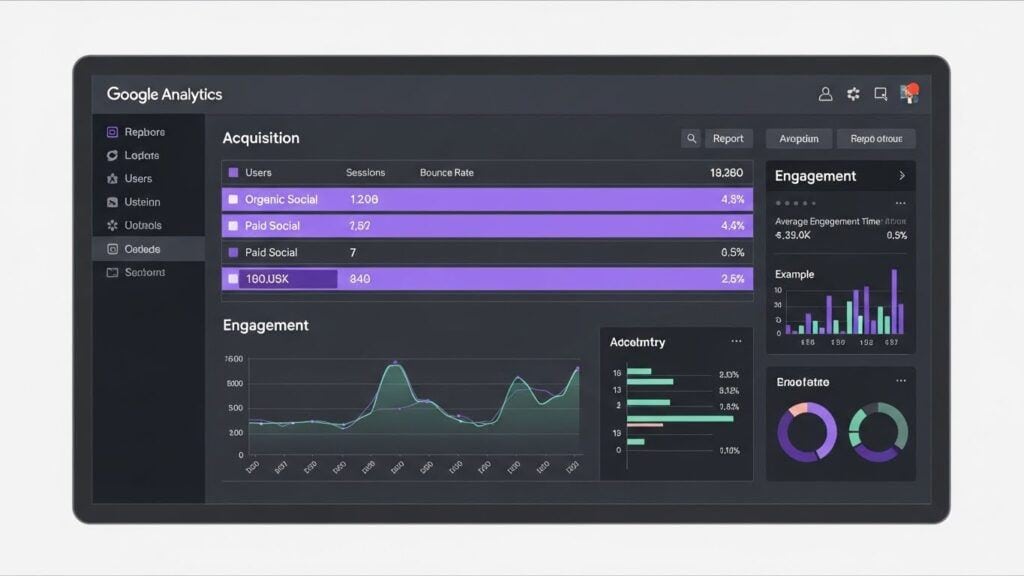 Google Analytics dashboard showing Acquisition and Engagement reports highlighting organic social and paid social traffic.