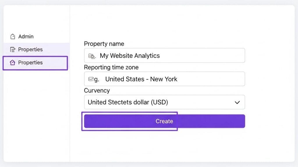 Google Analytics 4 setup screen illustration showing a new property being created for a website  Google Analytics for Social Media Traffic to track social traffic.
