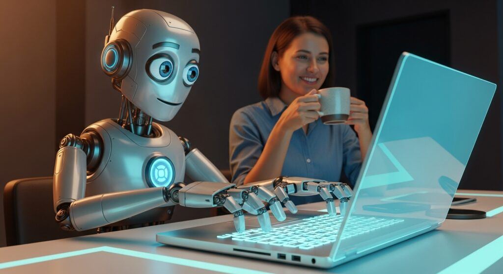 AI assistant helping a blogger with content creation, highlighting human-machine collaboration in a blue-green themed environment.