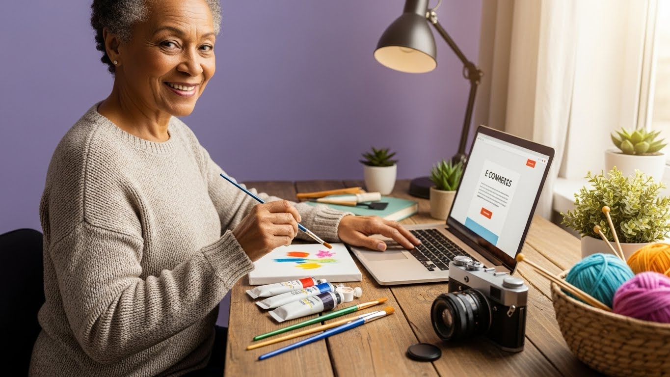 Retiree surrounded by hobby items and a laptop, symbolizing turning passions into online income.