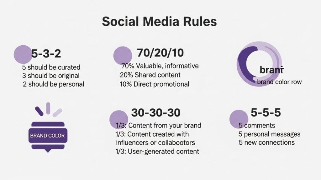 Infographic illustrating popular social media content rules such as the 5–3–2 rule, 70/20/10 rule, 30–30–30 rule, and 5–5–5 engagement rule.